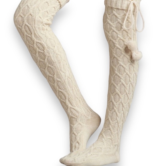 Cable Knit Socks Pom Pom Tassels Toppers Winter Above Knee Socks - Picture 2 of 4